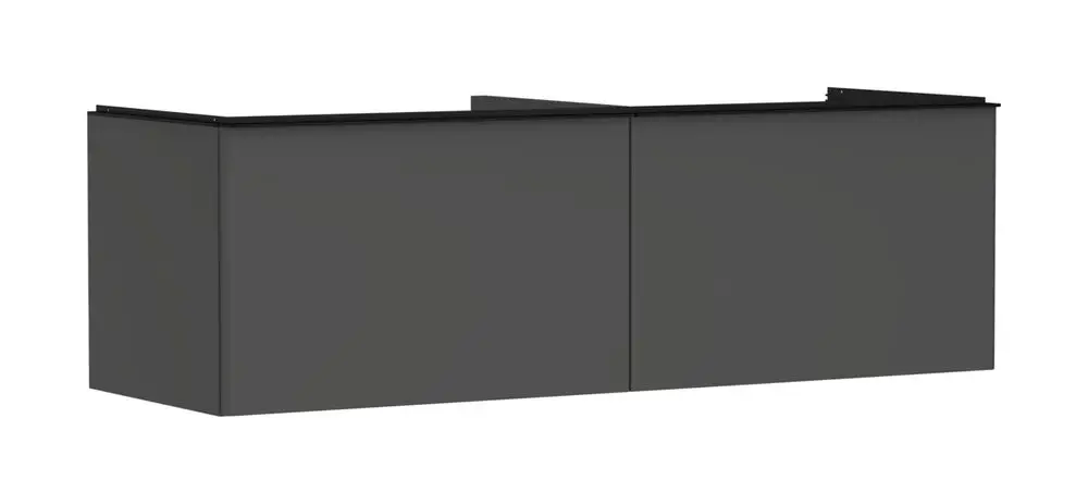 Grauer Waschtischunterschrank mit zwei Schubkästen, geeignet für Konsolen-Aufsatzwaschtische. Design von Hansgrohe, einfaches, modernes Aussehen.